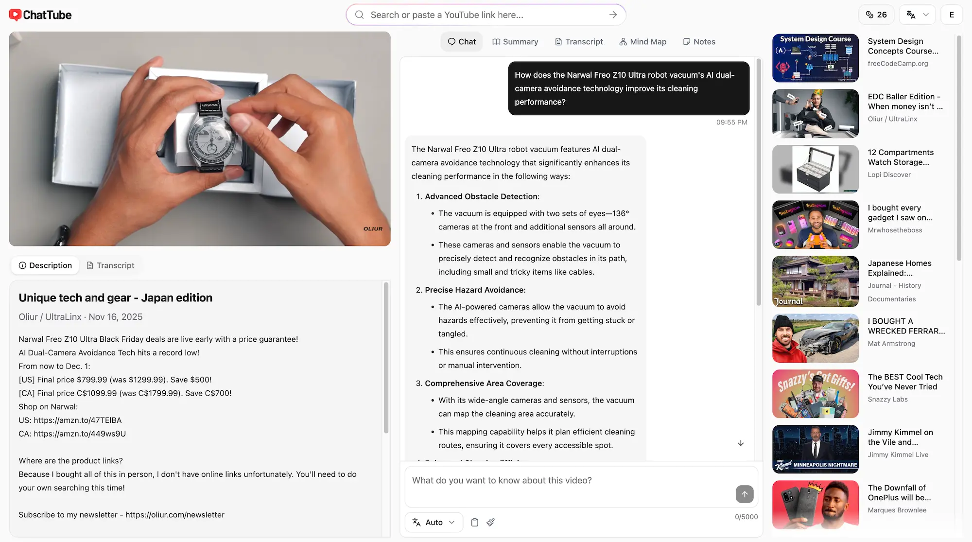 A screenshot of the ChatTube app that shows a user asking a question about a video and getting an answer in seconds.