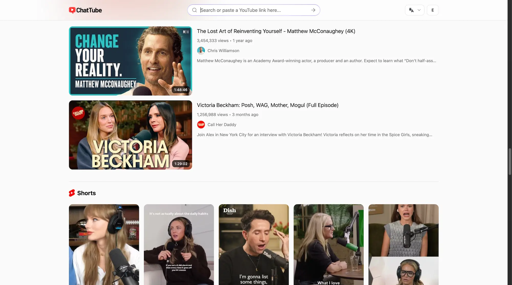 A screenshot of the ChatTube app that users can ask questions about any video regardless of length.