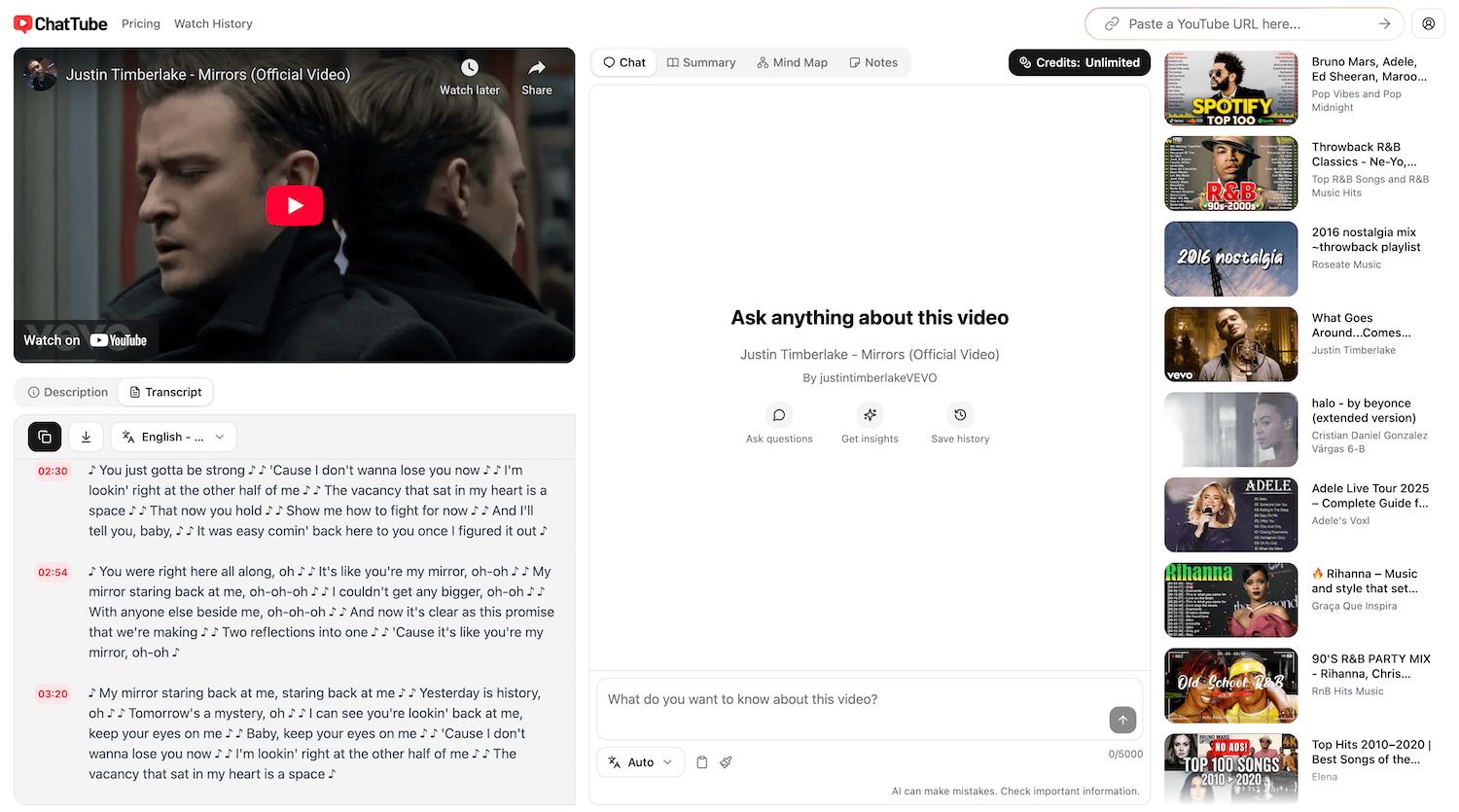 A screenshot that shows how to get lyrics from a YouTube video with ChatTube.
