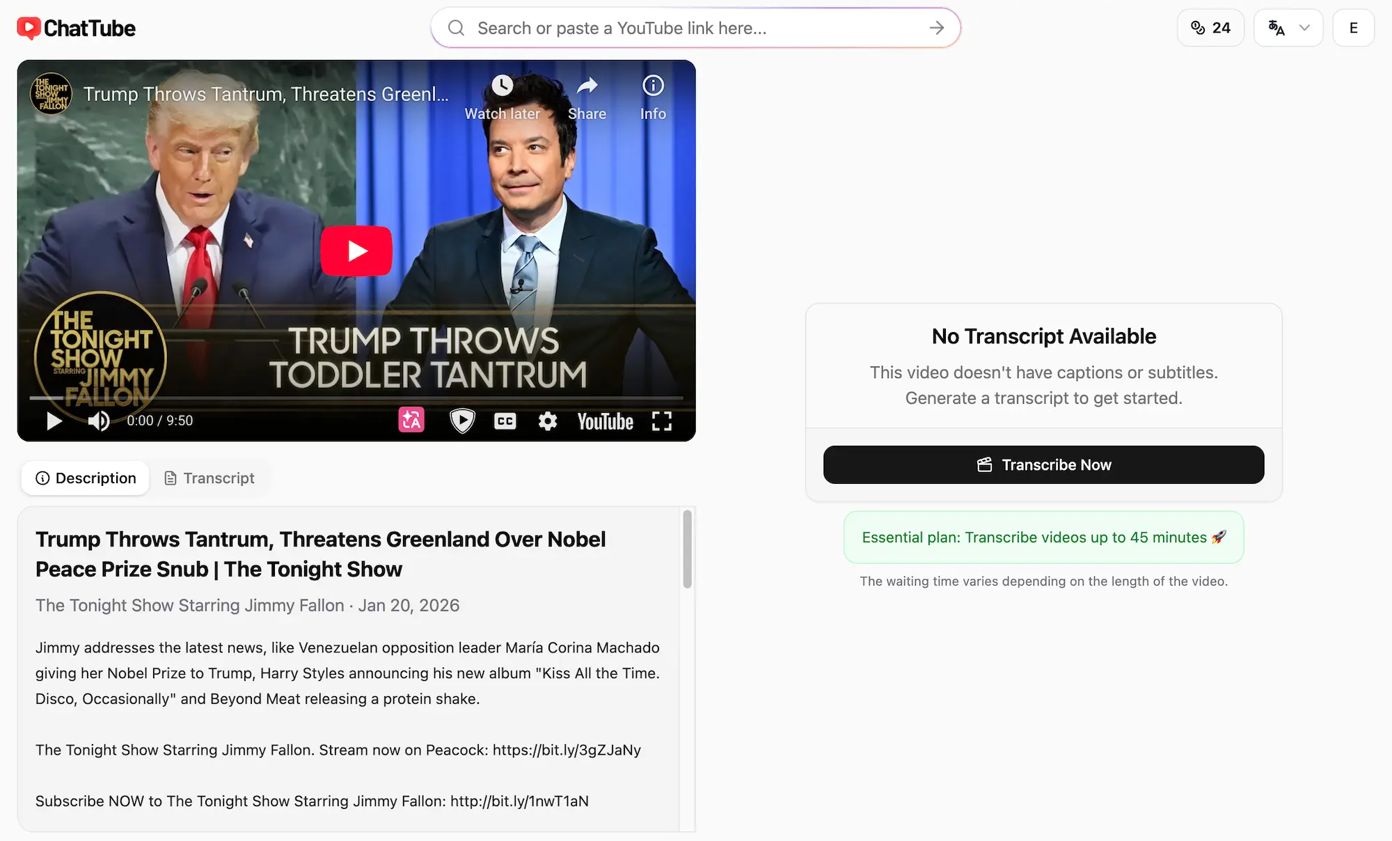 A screenshot of the ChatTube app that gets captions even when none exist.