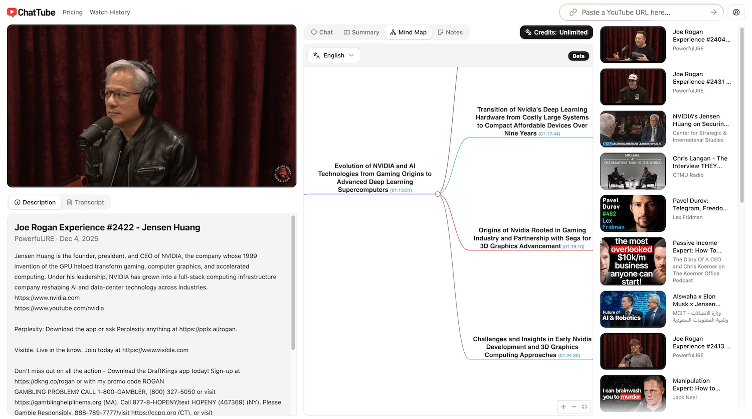 A screenshot that shows how to handle videos of any length in multiple languages with ChatTube.