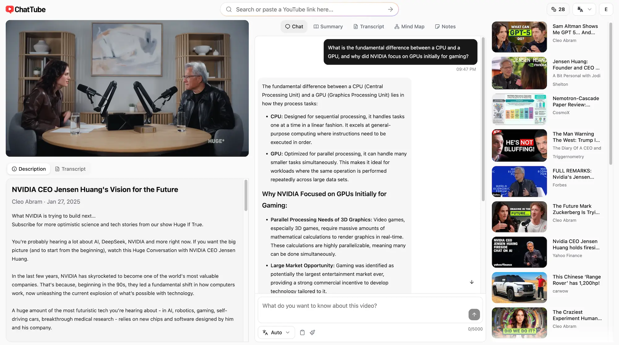 Chat with any YouTube video with ChatTube.