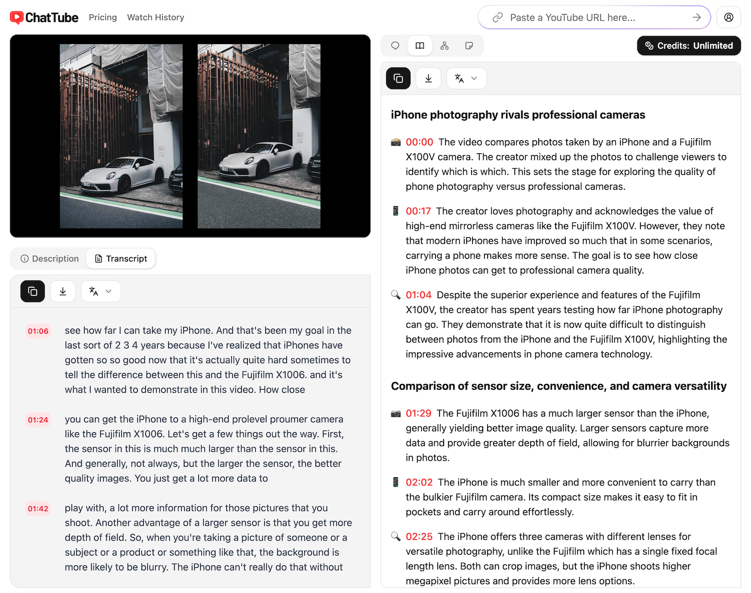Generate a transcript from any YouTube video with ChatTube.
