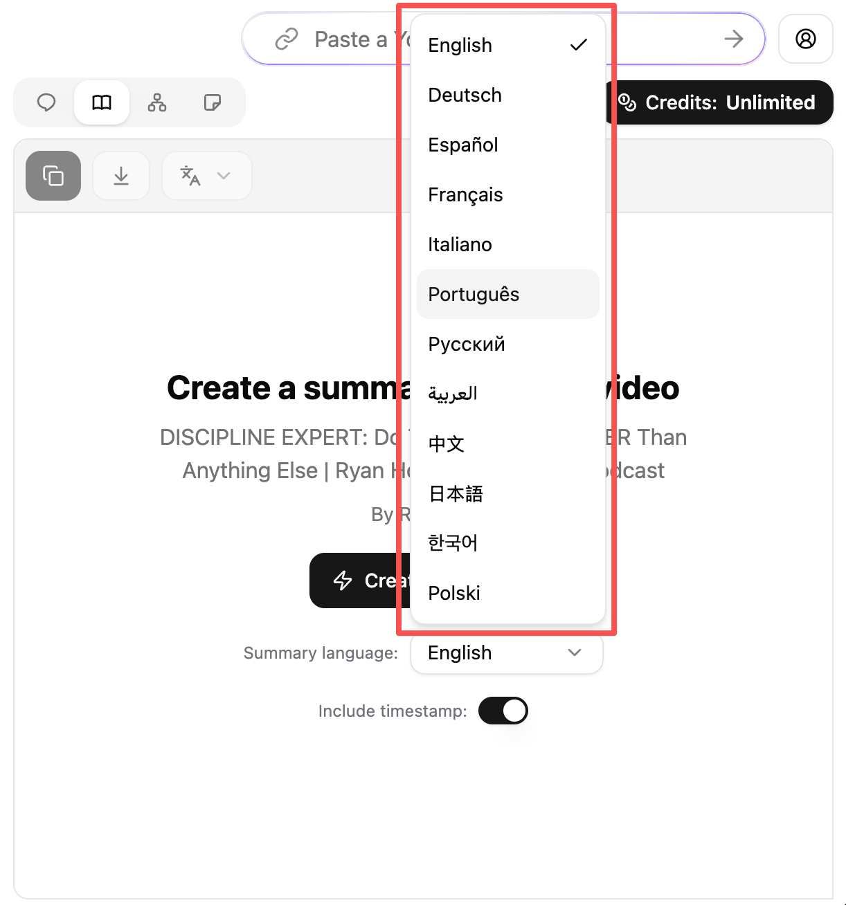 A screenshot of the ChatTube app that shows the multiple languages it supports.